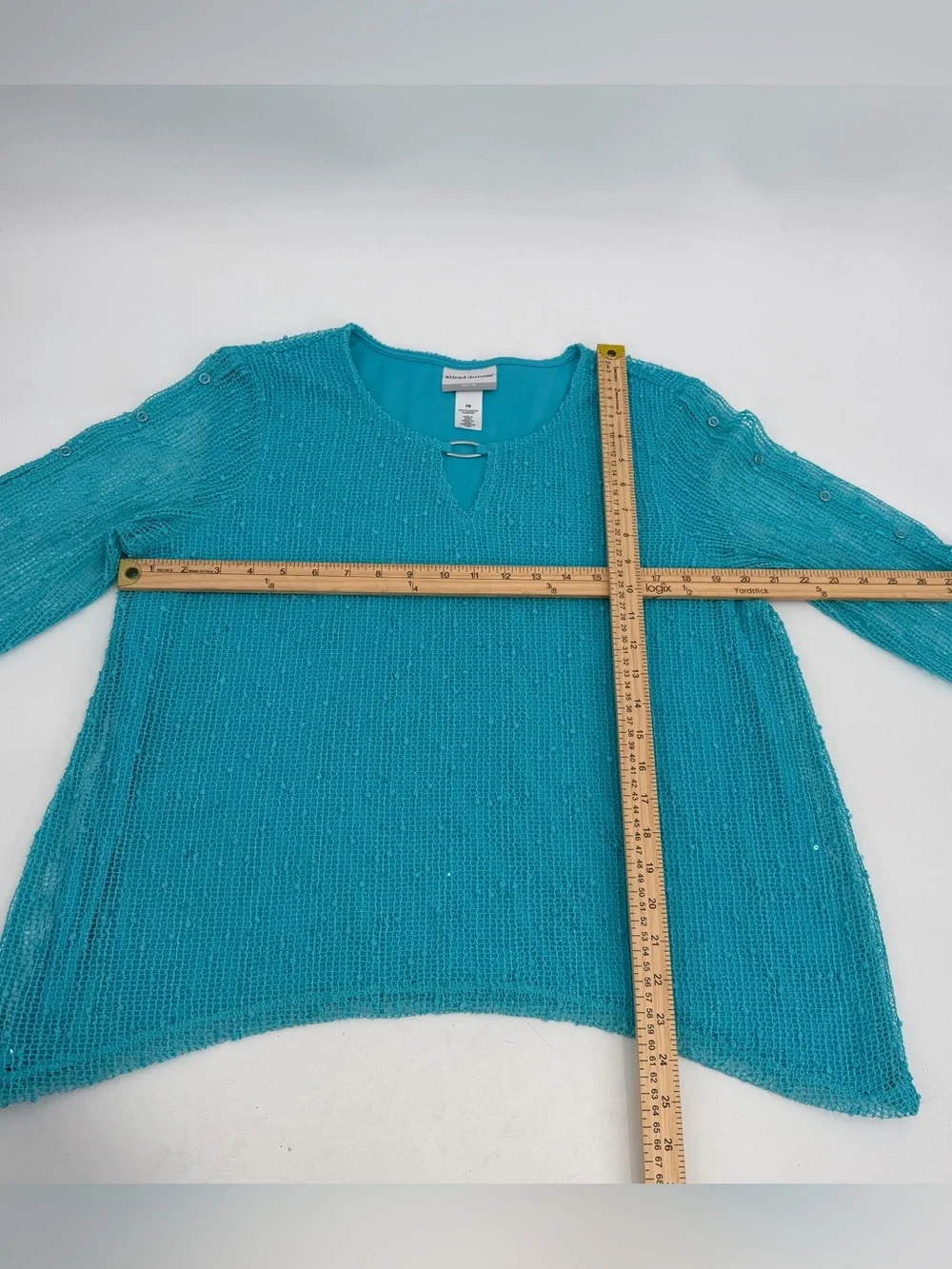 Alfred Dunner Top Women’s PM PETITE MEDIUM Turquoise 3/4 Slv Sharkbite Hem - Picture 7 of 11